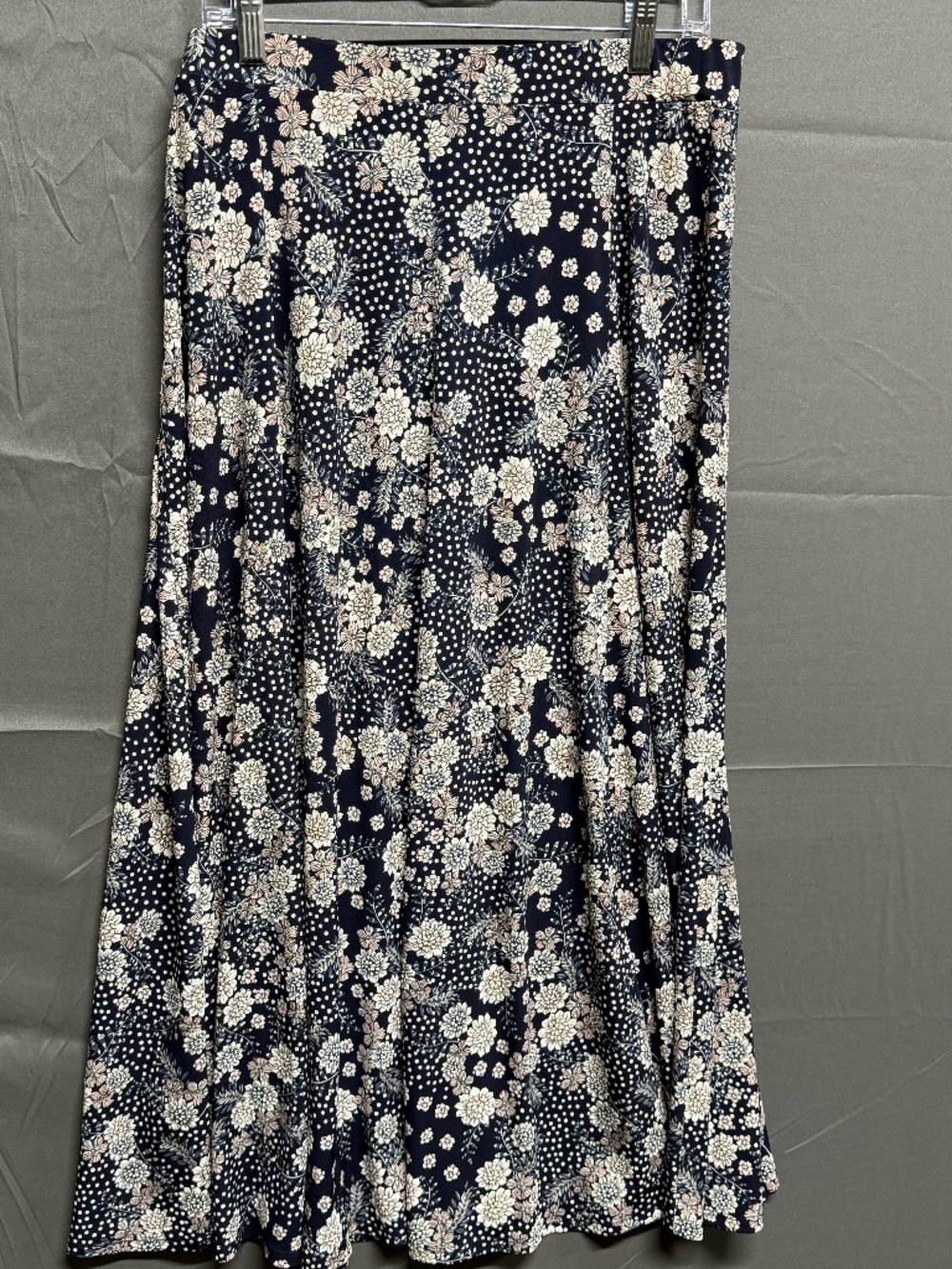 SJS Navy Floral Button Front Maxi Skirt XL Boho Cottagecore Coastal Flowy Retro
